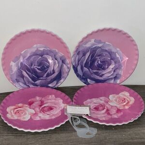 Jolie Fleur Melamine 4 Pink Purple Rose 9” Salad Fluted Edge Plate Set NWT